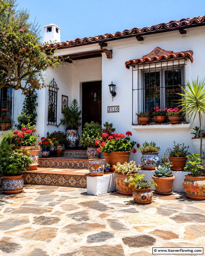 Detailed Clay Pot Accents - 30 Spanish Bungalow Exterior Ideas for Mediterranean Charm