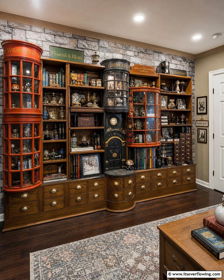 Diagon Alley Inspired Shelf - 30 Harry Potter Decor Ideas- Magical Themed Room Designs