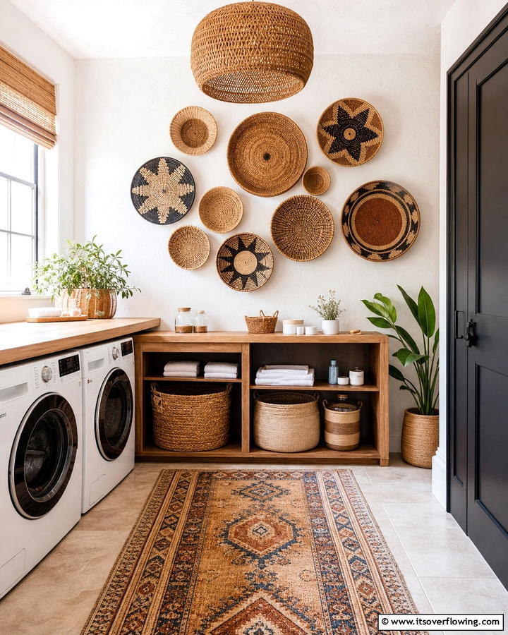 Display Artisan Baskets as Wall Art - 25 Boho Laundry Room Ideas for a Stylish and Functional Space