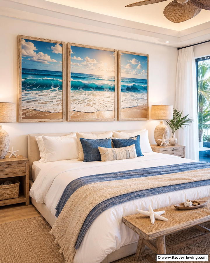 Display Beach Inspired Artwork - 25 Tropical Bedroom Ideas for a Relaxing Retreat