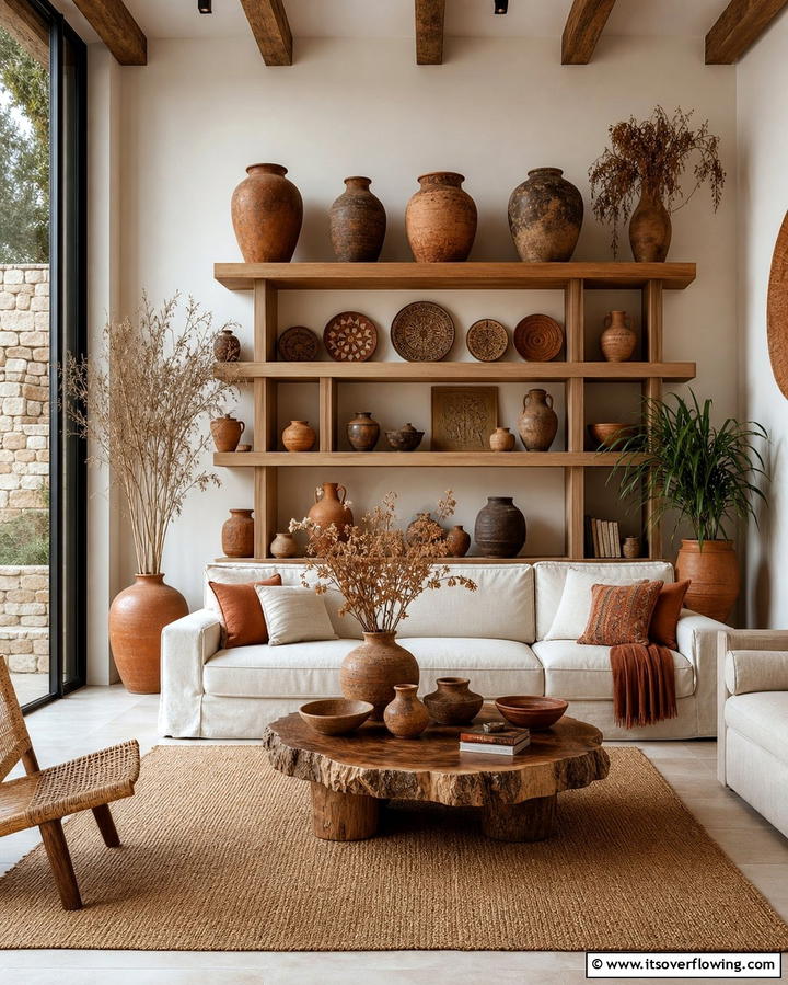 Display Earthenware Pottery - 25 Earthy Living Room Decor Ideas for a Cozy Ambiance