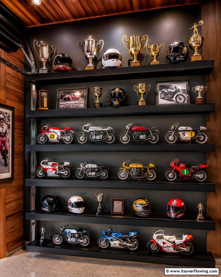 Display Shelves for Memorabilia - 25 Motorcycle Garage Ideas for Bike Enthusiasts