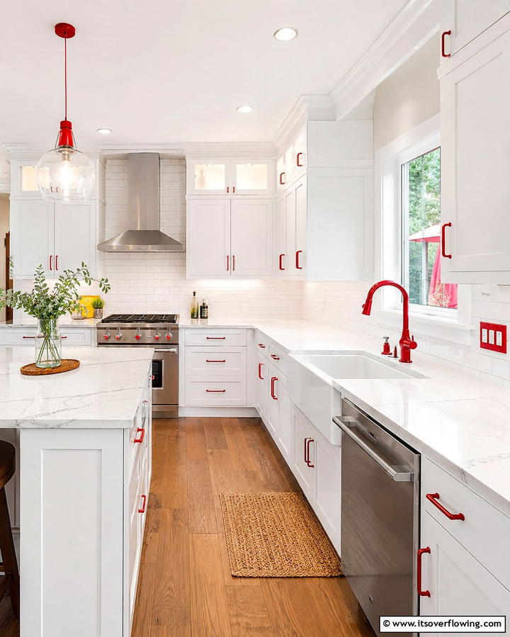 Distinct Red Hardware - 30 Bold Red Kitchen Ideas for a Vibrant Cooking Space