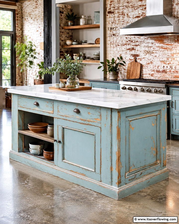 Distressed Paint Finish - 25 Farmhouse Kitchen Island Ideas for Rustic Charm