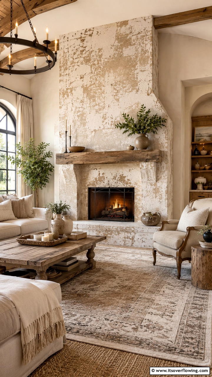 Distressed Plaster Backdrop - 30 Farmhouse Fireplace Ideas for Cozy Living Spaces