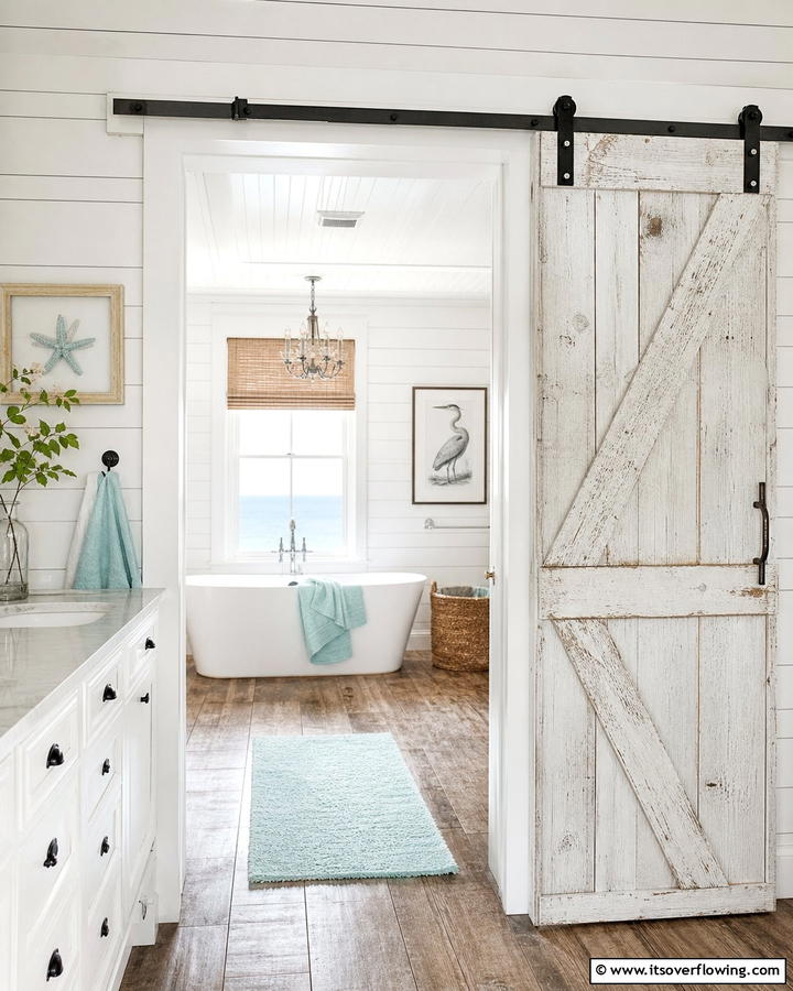 Distressed White Finish - 20 Bathroom Barn Door Ideas for Space Saving