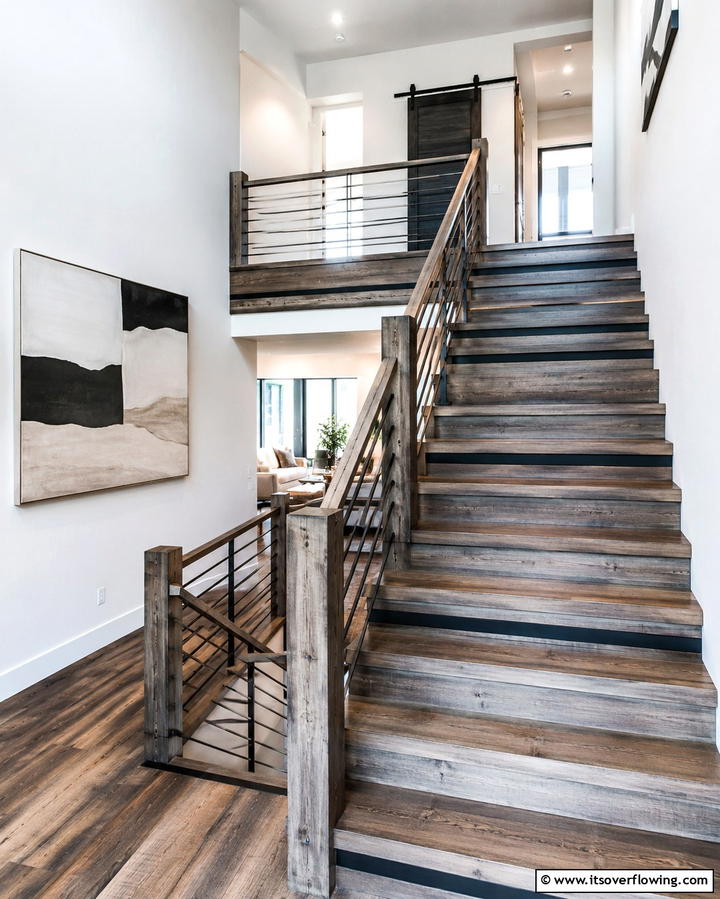 Distressed Wood with Metal Inlays - 30 Rustic Farmhouse Stair Railing Ideas & Designs