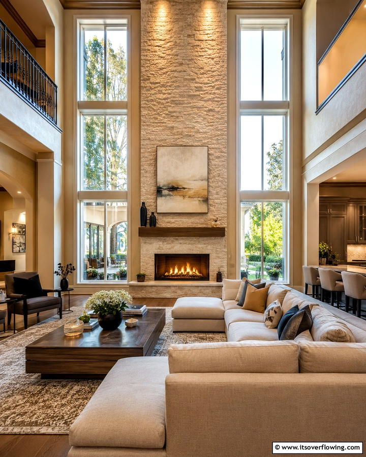 Double Height Fireplace Between Two Story Windows - 25 Fireplace Between Windows Ideas for Cozy Homes