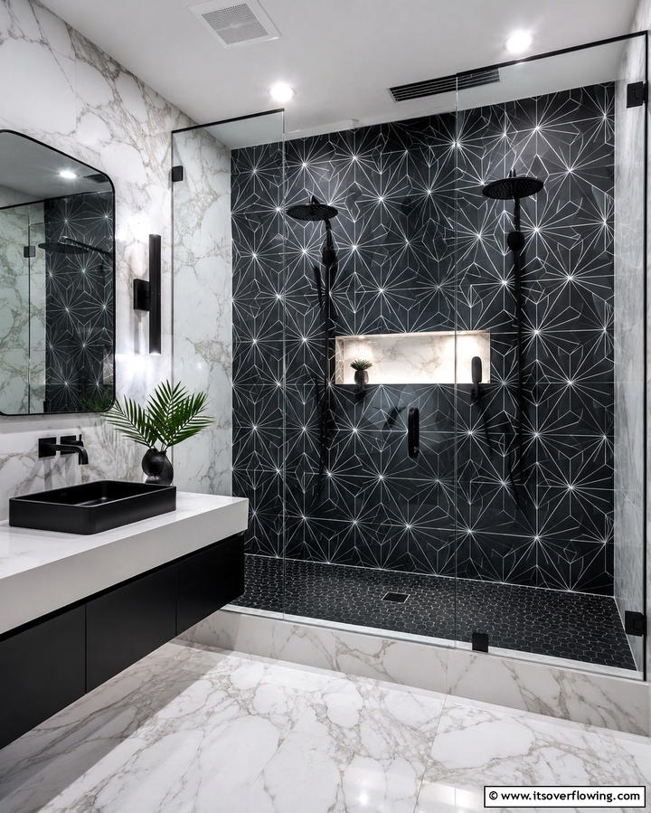 Double Shower with Contrasting Tile Designs - 25 Double Shower Ideas for a Luxurious Bathroom