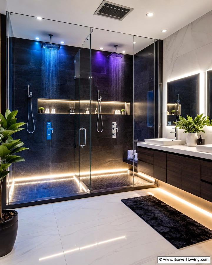 Double Shower with LED Lighting - 25 Double Shower Ideas for a Luxurious Bathroom