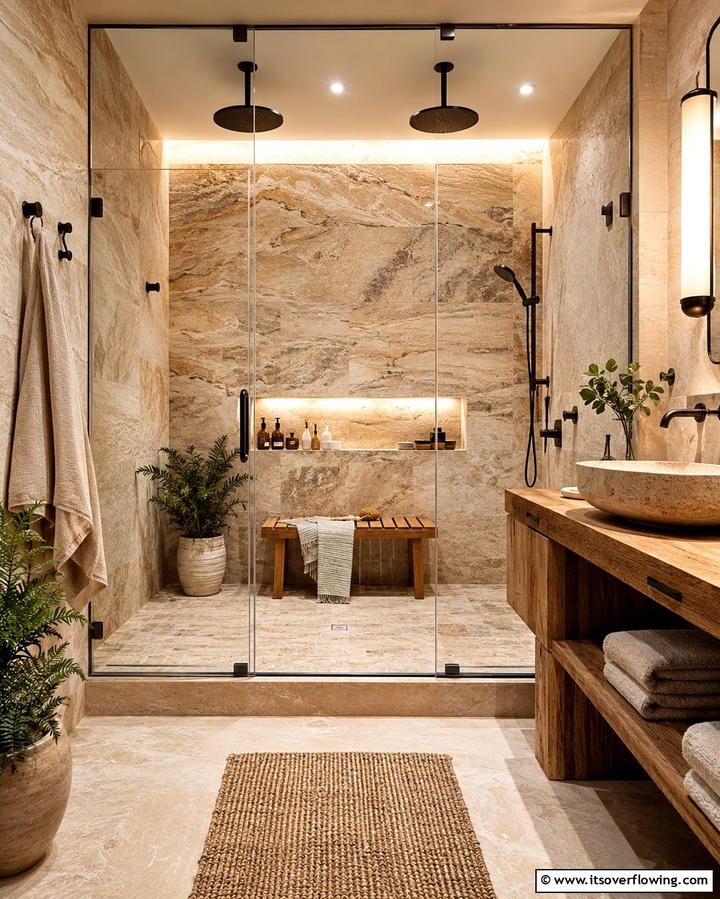Double Shower with Natural Stone Walls - 25 Double Shower Ideas for a Luxurious Bathroom