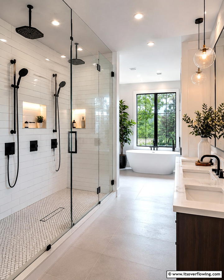 Double Shower with a Rainfall and Handheld Combination - 25 Double Shower Ideas for a Luxurious Bathroom