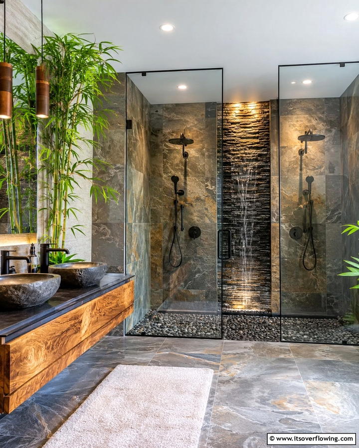 Double Shower with a Waterfall Feature - 25 Double Shower Ideas for a Luxurious Bathroom
