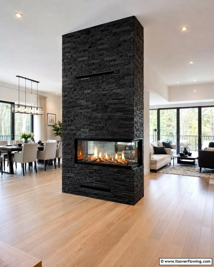 Double Sided Fireplace Elegance - 25 Elegant Black Stone Fireplace Ideas