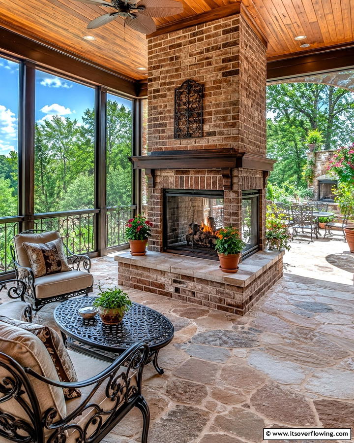 Double Sided Fireplace for Dual Spaces - 25 Screened-in Porch With Fireplace Ideas for Cozy Evenings