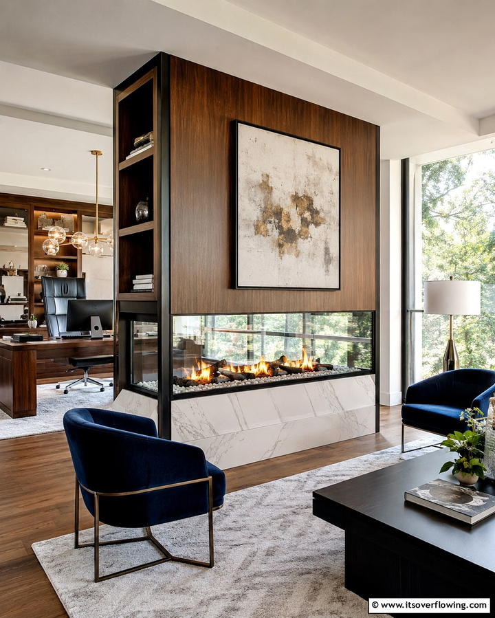 Double Sided Fireplace for Dual Spaces - 25 Home Office With Fireplace Ideas for Cozy Workspaces