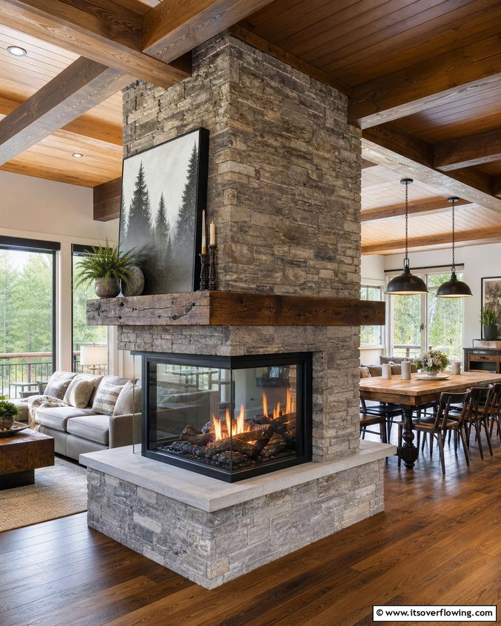 Double Sided FireplaceOne - 25 Cozy Cabin Fireplace Ideas for a Warm Retreat