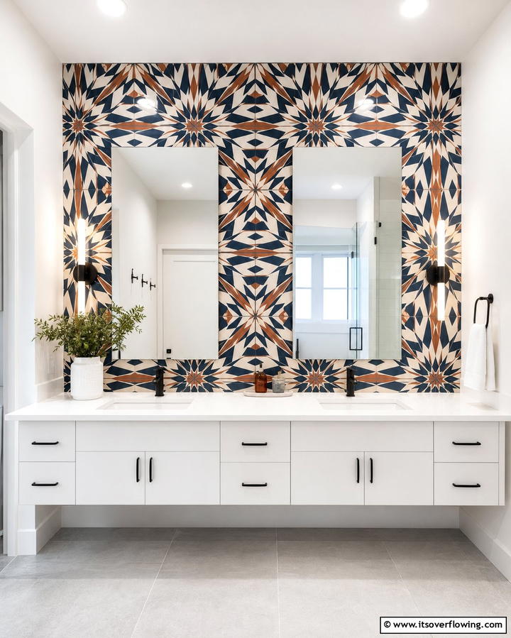 Double Vanity with Bold Patterns - 25 Double Vanity Bathroom Ideas for a Luxurious Space