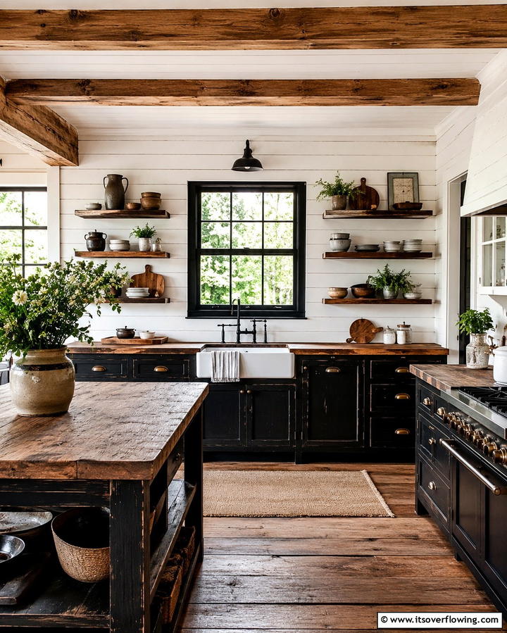 Dramatic Backdrop with Light Wood - 25 Kitchen With Black Cabinets And Wood Countertops Ideas