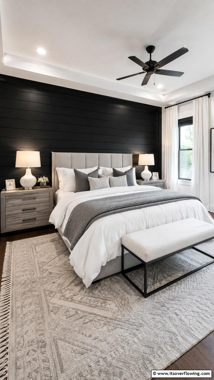 Dramatic Bedroom Feature - 30 Black Shiplap Wall Ideas for Timeless Interior Accents