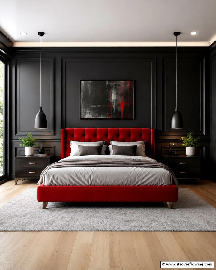 Dramatic Black Accent Wall - 25 Red and Black Bedroom Ideas for a Dramatic Look