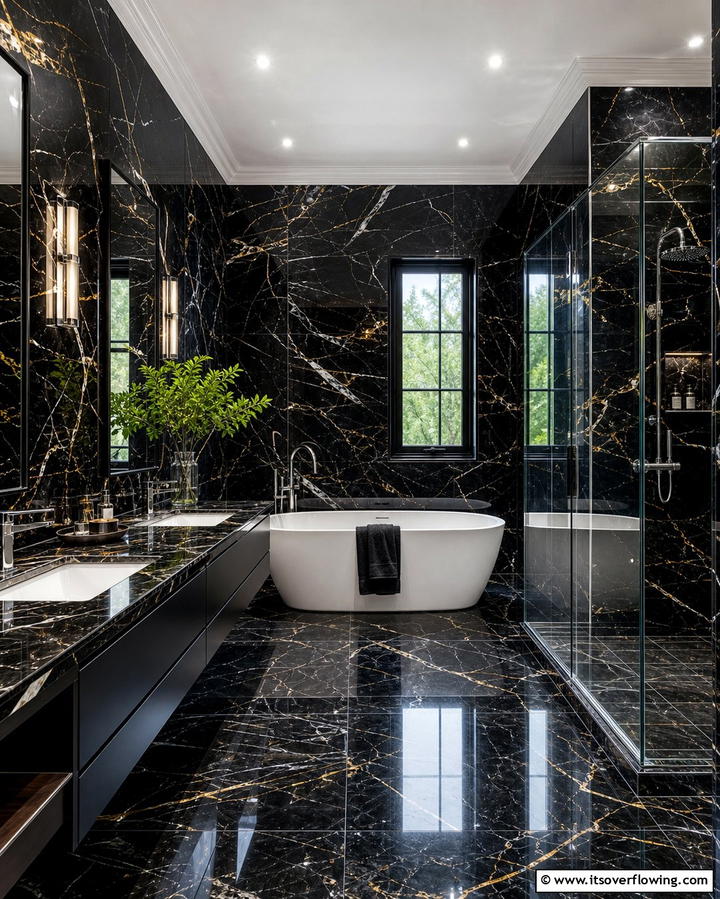 Dramatic Black Marble Walls - 25 Dark Bathroom Ideas for Moody and Chic Spaces