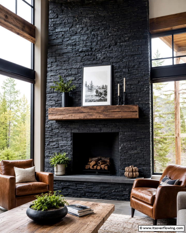 Dramatic Black Stone Feature - 30 Bold Black Fireplace Ideas to Elevate Your Living Room