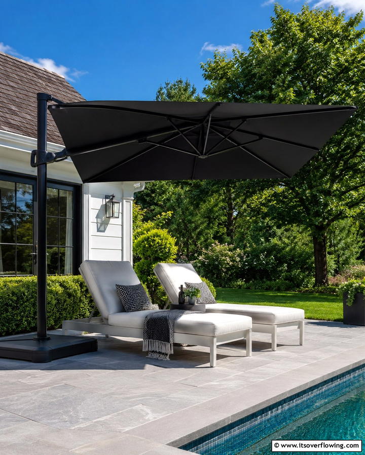 Dramatic Black Umbrella - 30 Inviting Black Porch Ideas for a Modern Outdoor Oasis