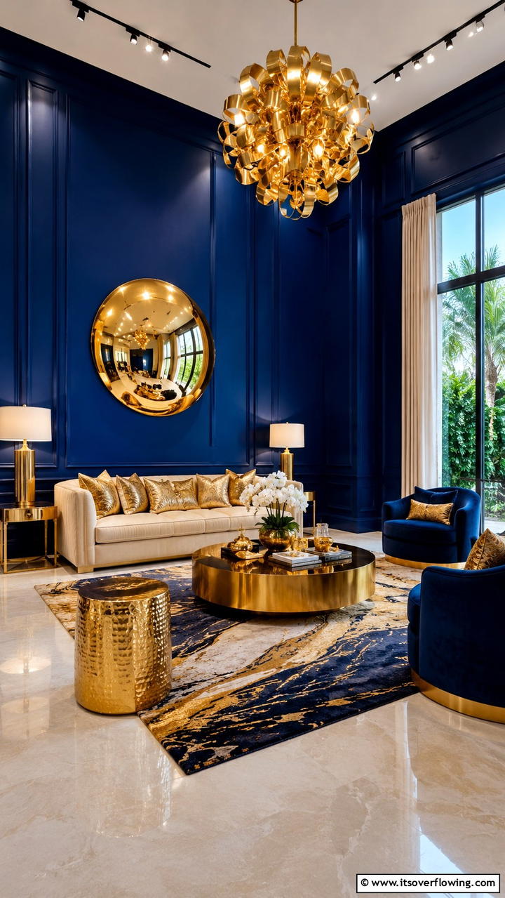 Dramatic Blue Walls with Luxe Gold - 30 Stunning Blue and Gold Living Room Ideas for Elegant Spaces