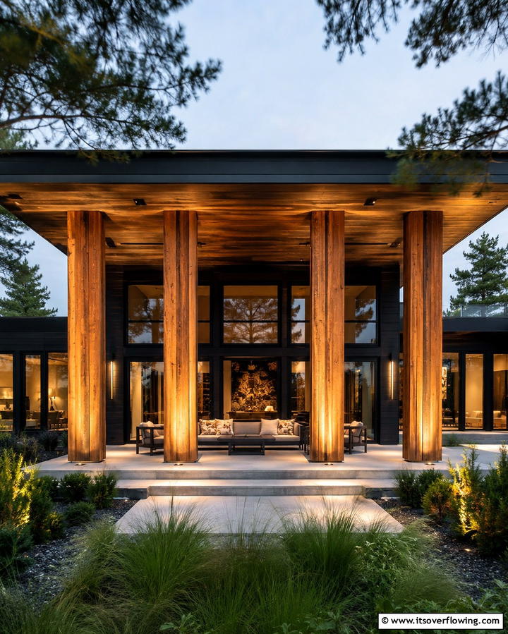 Dramatic Cedar Columns Against Black Facades - 30 Modern Black Houses with Cedar Accents for Striker Exteriors