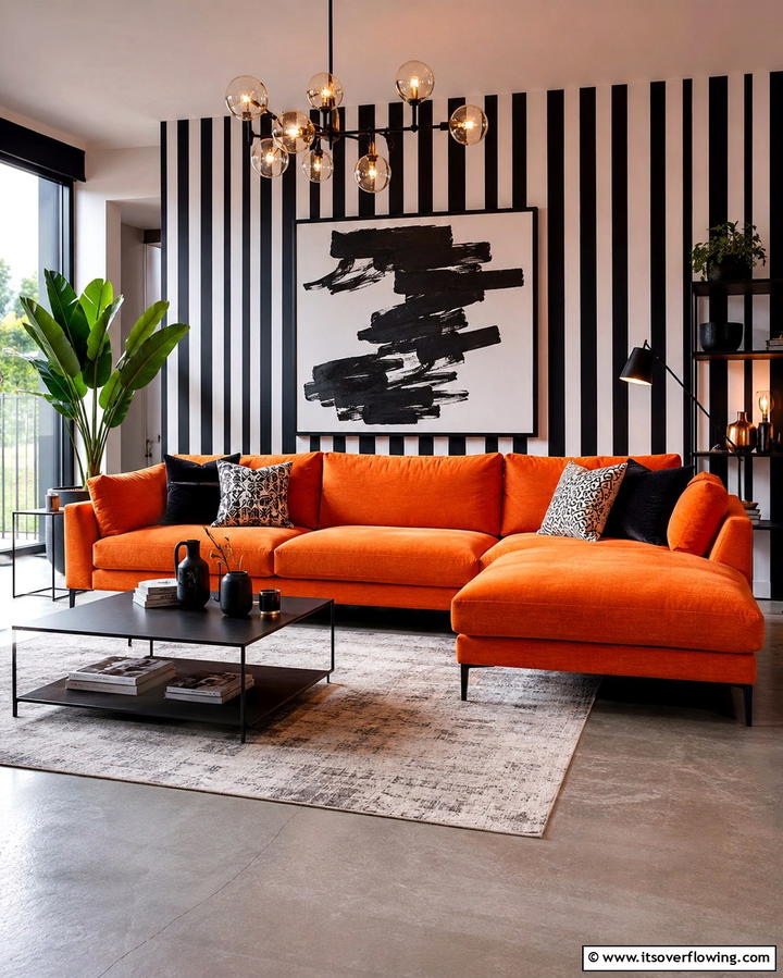 Dramatic Contrast with Black and White - 25 Orange Couch Living Room Ideas for a Vibrant Space
