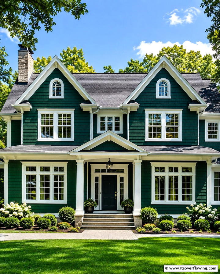 Dramatic Contrast with Dark Green and White Windows - 30 Stunning Dark Green Exterior House Designs for Curb Appeal