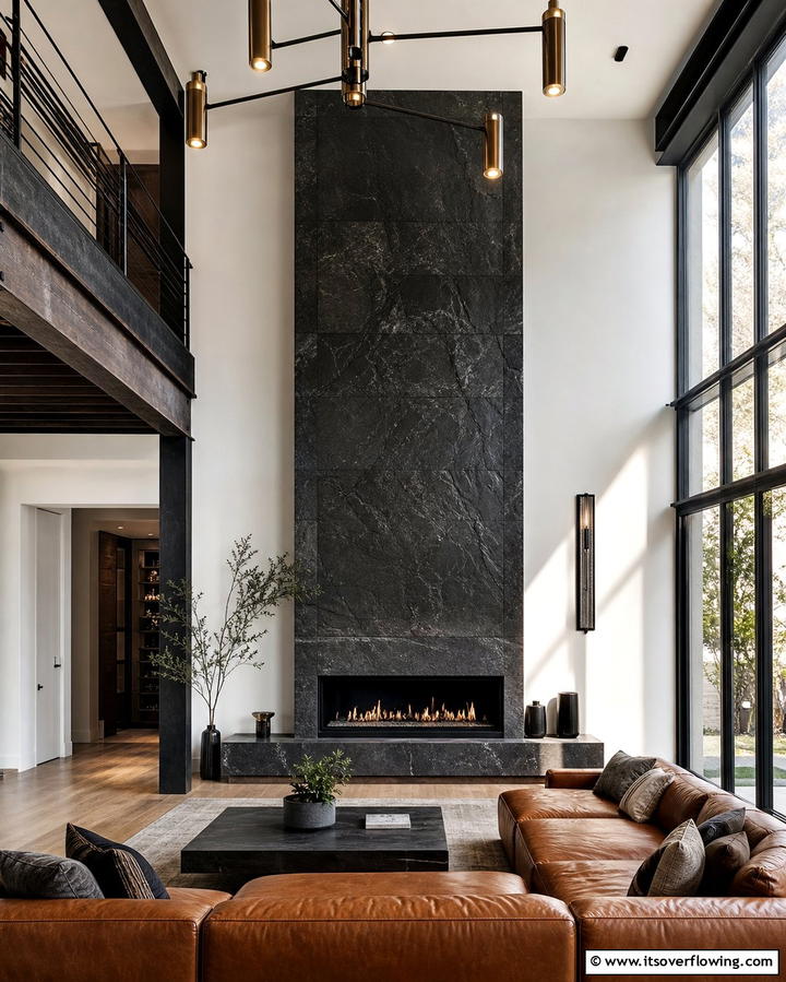 Dramatic Contrast with Dark Stone - 25 Floor to Ceiling Stone Fireplace Ideas for Drama