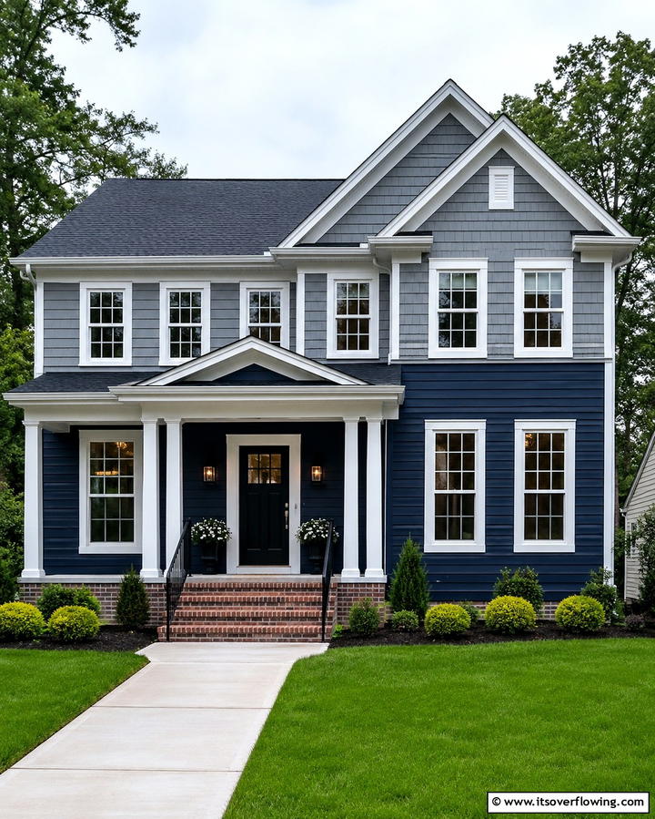 Dramatic Depth with Navy and Gray - 20 Two-tone Siding Designs for Modern Home Exteriors