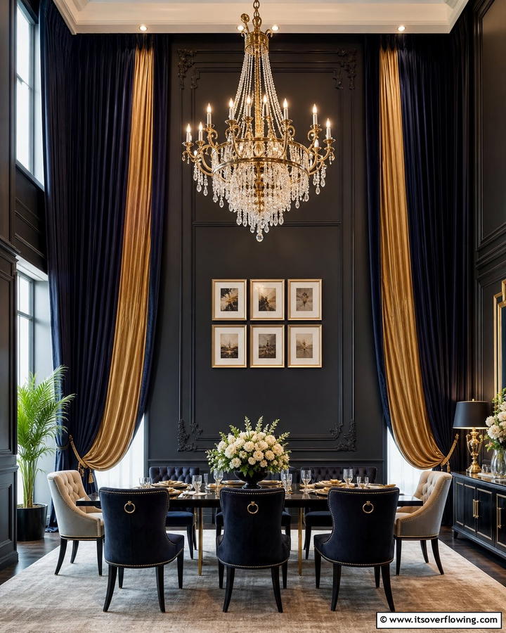 Dramatic Drapery - 20 Black Accent Wall Dining Room Ideas for a Bold Look