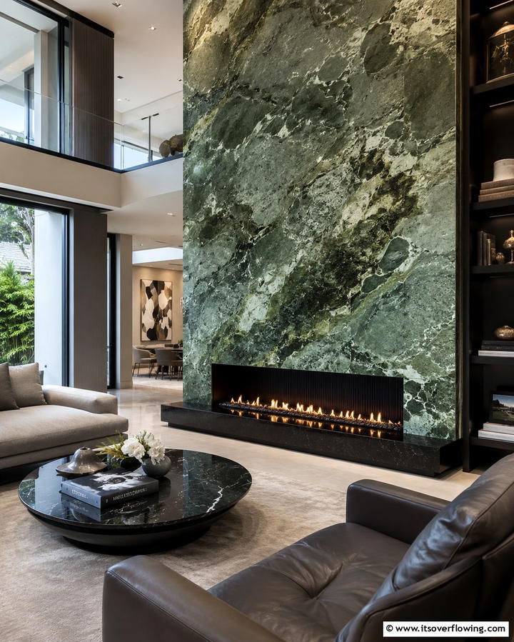 Dramatic Jade Stone Surround - 25 Green Fireplace Ideas for a Cozy and Eco-Friendly Home