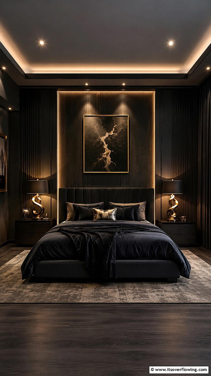 Dramatic Lighting - 30 Dark Bedroom Ideas- Moody and Sophisticated Retreat