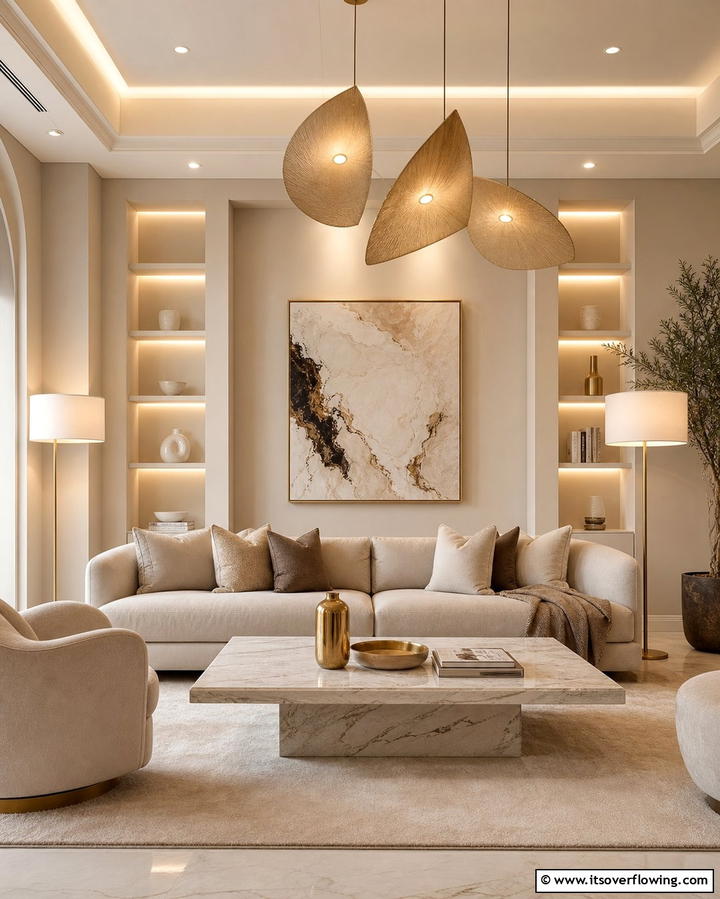 Dramatic Lighting Accents - 25 Dulux Egyptian Cotton Living Room Ideas for Elegance
