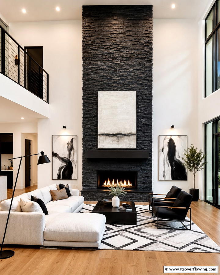 Dramatic Look with Floor to Ceiling Black Stone - 25 Elegant Black Stone Fireplace Ideas