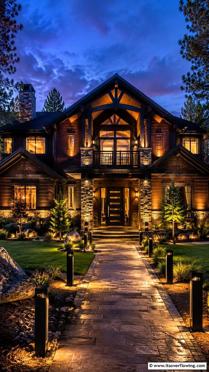 Dramatic Outdoor Lighting - 30 Dark Brown House With Black Trim Exterior Design Ideas