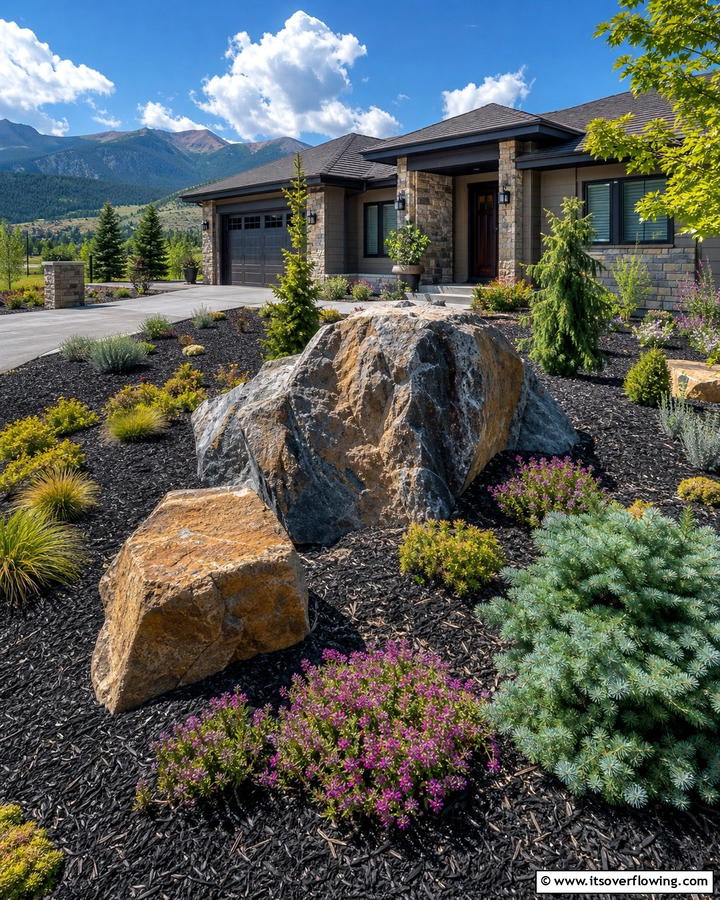 Dramatic Rock Focal Points - 21 Front Yard Landscaping Ideas With Rocks and Mulch
