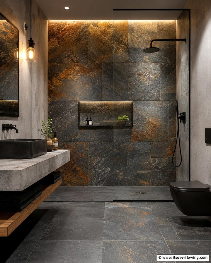 Dramatic Slate Shower Walls - 20 Stone Shower Design Ideas for a Spa-like Bathroom