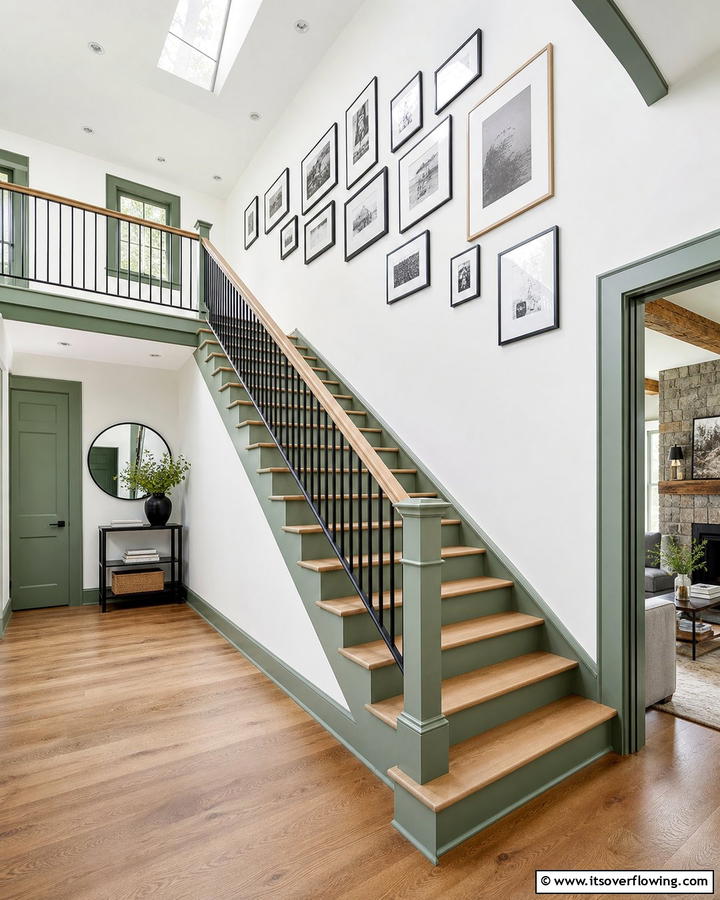 Dramatic Staircase Highlight - 21 Sage Green Paint Inspirations for Calming Interiors