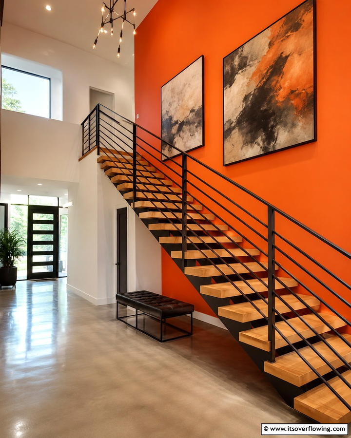 Dramatic Staircase Wall - 20 Orange Accent Wall Ideas to Brighten Your Space
