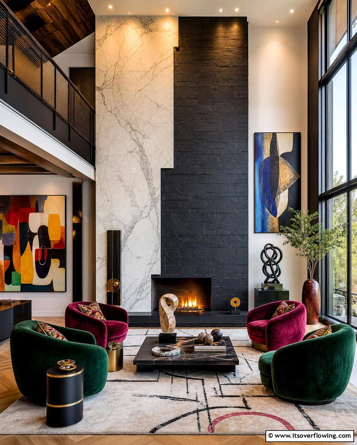 Dramatic Two Tone Contrast - 25 Floor to Ceiling Stone Fireplace Ideas for Drama