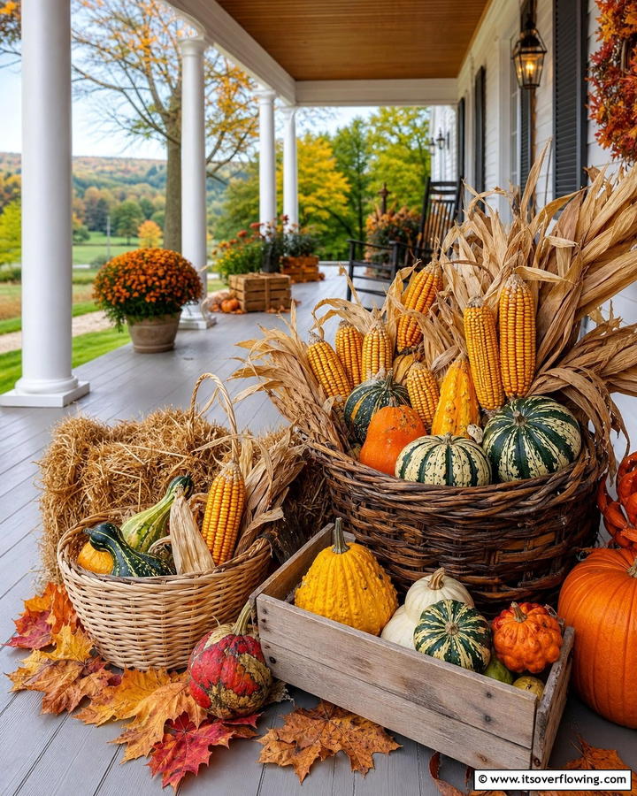 Dried Corn and Gourd Arrangement - 21 Fall Planter Ideas to Refresh Your Outdoor Spaces
