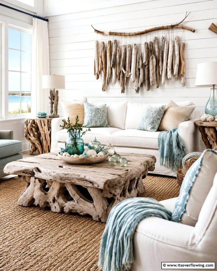 Driftwood Accents - 25 Beach House Living Room Ideas for a Coastal Vibe