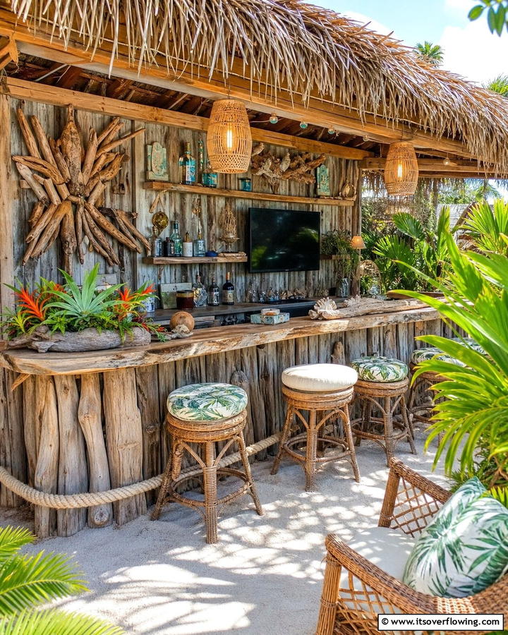 Driftwood Accents and Decor - 20 Tiki Bar Ideas for a Tropical Backyard Oasis