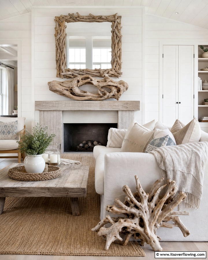 Driftwood Accents for Coastal Rustic Charm - 20 Primitive Living Room Ideas for a Rustic Look