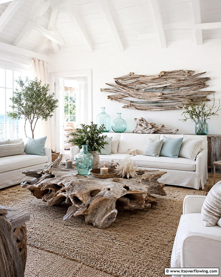 Driftwood Decor - 30 Hamptons Living Room Ideas for Coastal-Inspired Elegance